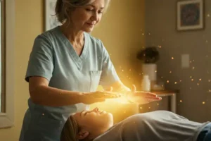 Mujer sanando con sus manos a mujer en camilla