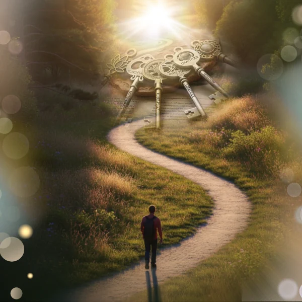 Persona caminado un camino en dirección a una llaves saliendo de la luz